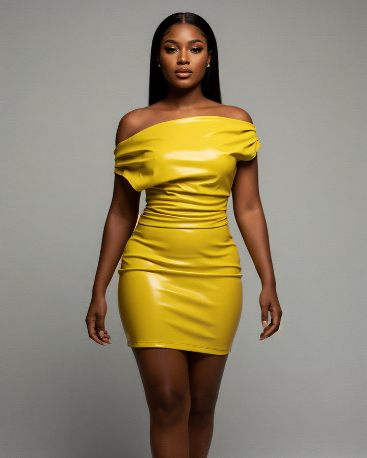 RACHEL | Leather Off-shoulder Mini Dress